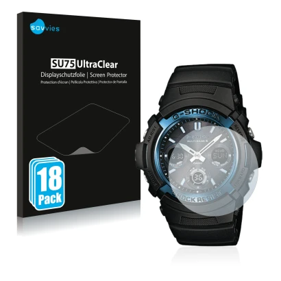 Parte frontale di una confezione del prodotto con il logo del marchio Savvies. Accanto è raffigurato il dispositivo Casio AWG 