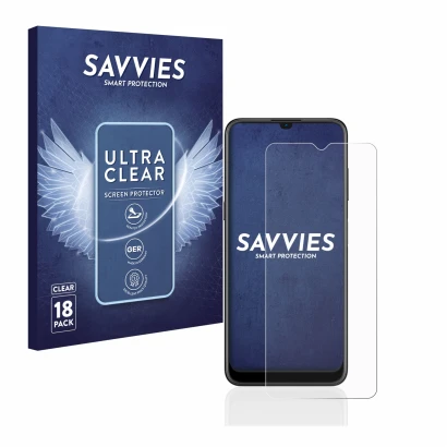 Parte frontale di una confezione del prodotto con il logo del marchio Savvies. Accanto è raffigurato il dispositivo Nokia G21 