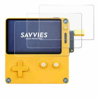 Immagine del dispositivo Panic Playdate con un'ampia varietà di protezioni per lo schermo.