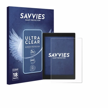 Parte frontale di una confezione del prodotto con il logo del marchio Savvies. Accanto è raffigurato il dispositivo Boox Tab M