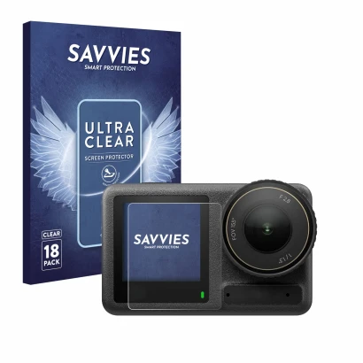 Parte frontale di una confezione del prodotto con il logo del marchio Savvies. Accanto è raffigurato il dispositivo DJI Osmo A