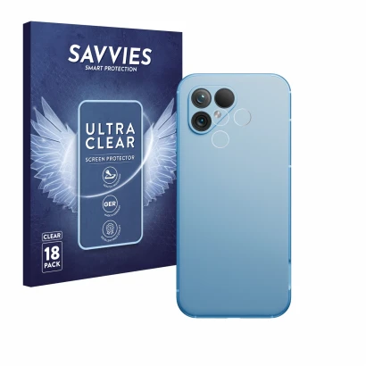 Parte frontale di una confezione del prodotto con il logo del marchio Savvies. Accanto è raffigurato il dispositivo Fairphone 