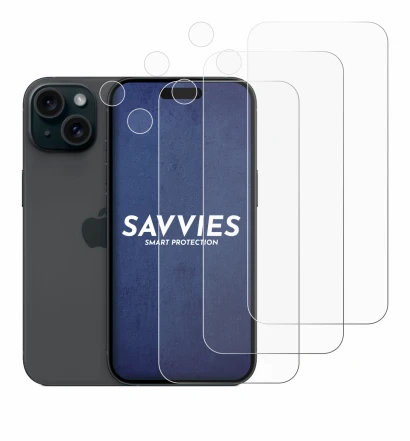 Immagine del dispositivo Apple iPhone 15 (Fronte+Fotocamera) con un'ampia varietà di protezioni per lo schermo.
