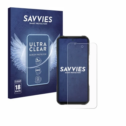 Parte frontale di una confezione del prodotto con il logo del marchio Savvies. Accanto è raffigurato il dispositivo Doogee V20