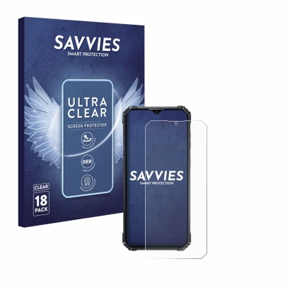 Parte frontale di una confezione del prodotto con il logo del marchio Savvies. Accanto è raffigurato il dispositivo Oukitel WP