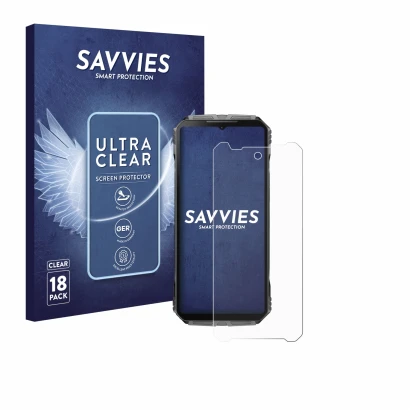 Parte frontale di una confezione del prodotto con il logo del marchio Savvies. Accanto è raffigurato il dispositivo Doogee V40