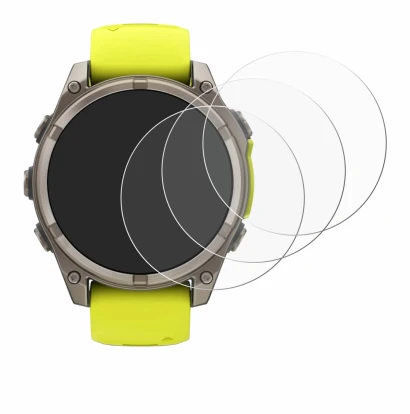 Immagine del dispositivo Garmin Fenix 8 Solar (47 mm) con un'ampia varietà di protezioni per lo schermo.