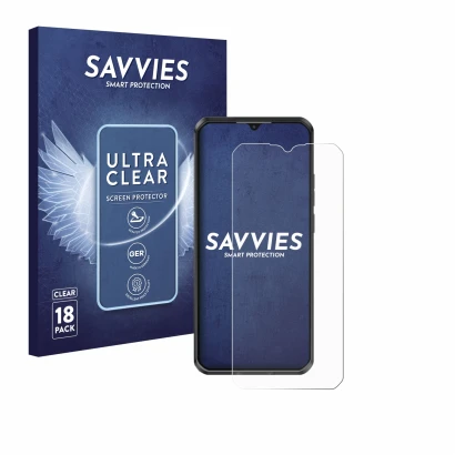 Parte frontale di una confezione del prodotto con il logo del marchio Savvies. Accanto è raffigurato il dispositivo Oukitel WP