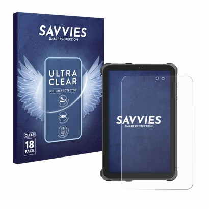 Parte frontale di una confezione del prodotto con il logo del marchio Savvies. Accanto è raffigurato il dispositivo Oukitel RT