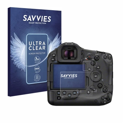 Parte frontale di una confezione del prodotto con il logo del marchio Savvies. Accanto è raffigurato il dispositivo Canon EOS 