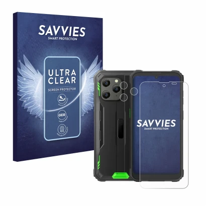 Parte frontale di una confezione del prodotto con il logo del marchio Savvies. Accanto è raffigurato il dispositivo Blackview 
