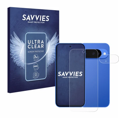 Parte frontale di una confezione del prodotto con il logo del marchio Savvies. Accanto è raffigurato il dispositivo Google Pix