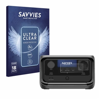 Parte frontale di una confezione del prodotto con il logo del marchio Savvies. Accanto è raffigurato il dispositivo EcoFlow Ri