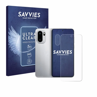 Parte frontale di una confezione del prodotto con il logo del marchio Savvies. Accanto è raffigurato il dispositivo OnePlus 15