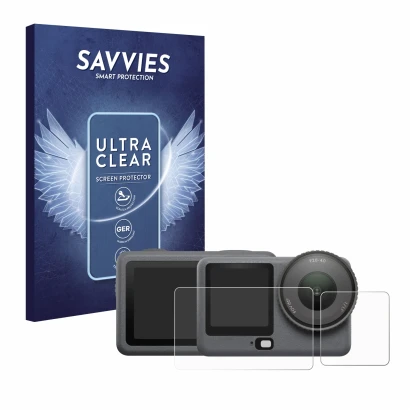 Parte frontale di una confezione del prodotto con il logo del marchio Savvies. Accanto è raffigurato il dispositivo DJI Osmo A