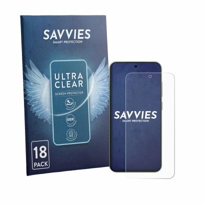 Parte frontale di una confezione del prodotto con il logo del marchio Savvies. Accanto è raffigurato il dispositivo OnePlus 13