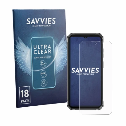 Parte frontale di una confezione del prodotto con il logo del marchio Savvies. Accanto è raffigurato il dispositivo Oukitel G7