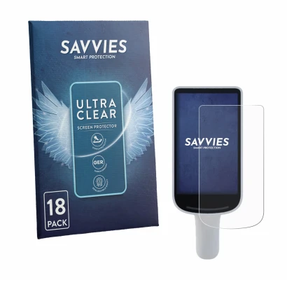 Parte frontale di una confezione del prodotto con il logo del marchio Savvies. Accanto è raffigurato il dispositivo Datalogic 