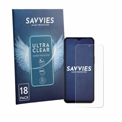 Parte frontale di una confezione del prodotto con il logo del marchio Savvies. Accanto è raffigurato il dispositivo Blackview 