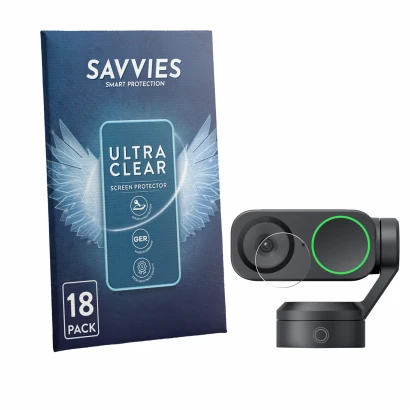 Parte frontale di una confezione del prodotto con il logo del marchio Savvies. Accanto è raffigurato il dispositivo Insta360 L