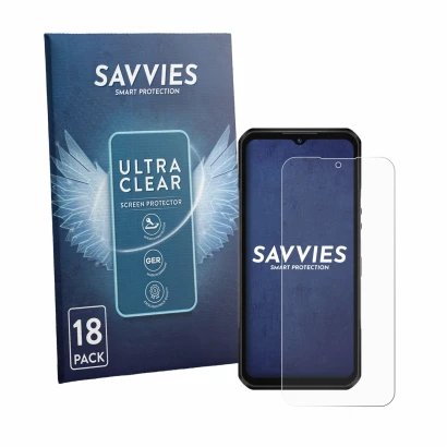 Parte frontale di una confezione del prodotto con il logo del marchio Savvies. Accanto è raffigurato il dispositivo Oukitel WP
