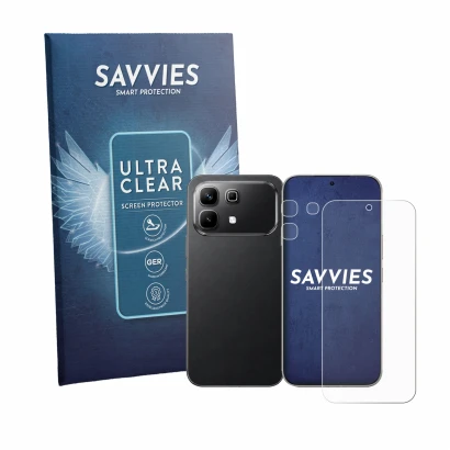 Parte frontale di una confezione del prodotto con il logo del marchio Savvies. Accanto è raffigurato il dispositivo Infinix No