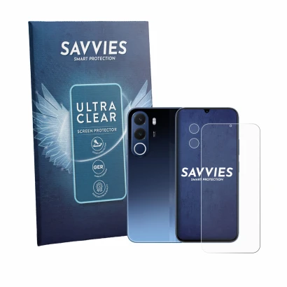 Parte frontale di una confezione del prodotto con il logo del marchio Savvies. Accanto è raffigurato il dispositivo realme C10
