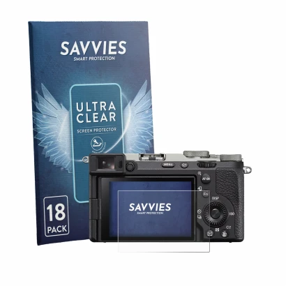 Parte frontale di una confezione del prodotto con il logo del marchio Savvies. Accanto è raffigurato il dispositivo Sony A7C I