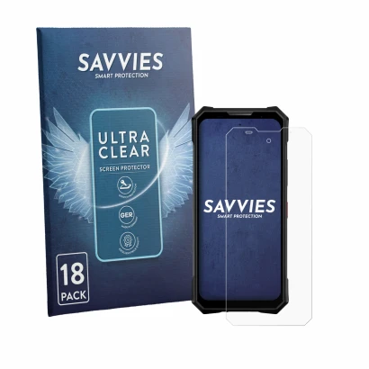 Parte frontale di una confezione del prodotto con il logo del marchio Savvies. Accanto è raffigurato il dispositivo Doogee V50