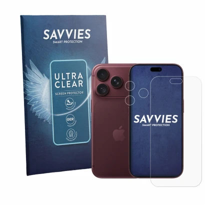Parte frontale di una confezione del prodotto con il logo del marchio Savvies. Accanto è raffigurato il dispositivo Apple iPho