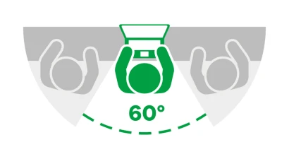 Immagine simbolica con dispositivo e filtro privacy: area visibile di 60°, 30° bloccati su ciascun lato.