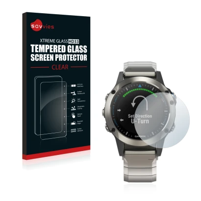 Parte frontale di una confezione del prodotto con il logo del marchio Savvies. Accanto è raffigurato il dispositivo Garmin qua