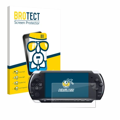 Parte frontale di una confezione del prodotto con il logo del marchio BROTECT. Accanto è raffigurato il dispositivo Sony PSP 3
