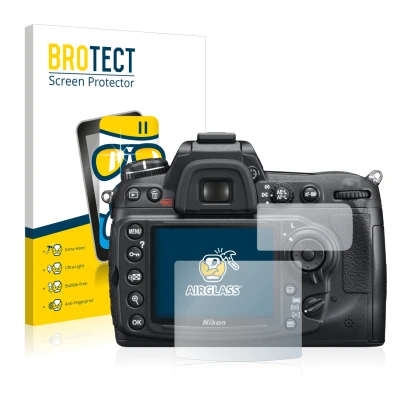Parte frontale di una confezione del prodotto con il logo del marchio BROTECT. Accanto è raffigurato il dispositivo Nikon D300