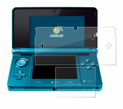 Immagine del dispositivo Nintendo 3DS con un'ampia varietà di protezioni per lo schermo.