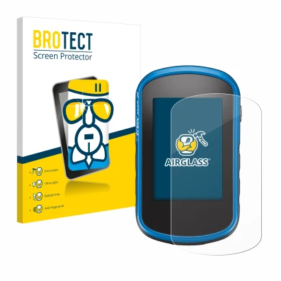 Parte frontale di una confezione del prodotto con il logo del marchio BROTECT. Accanto è raffigurato il dispositivo Garmin eTr