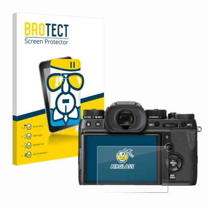 Parte frontale di una confezione del prodotto con il logo del marchio BROTECT. Accanto è raffigurato il dispositivo Fujifilm X