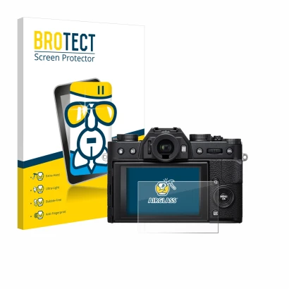 Parte frontale di una confezione del prodotto con il logo del marchio BROTECT. Accanto è raffigurato il dispositivo Fujifilm X