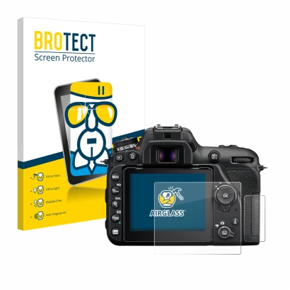 Parte frontale di una confezione del prodotto con il logo del marchio BROTECT. Accanto è raffigurato il dispositivo Nikon D750