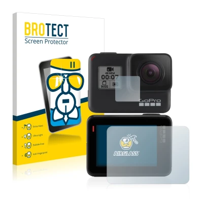 Parte frontale di una confezione del prodotto con il logo del marchio BROTECT. Accanto è raffigurato il dispositivo GoPro Hero