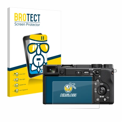 Parte frontale di una confezione del prodotto con il logo del marchio BROTECT. Accanto è raffigurato il dispositivo Sony Alpha