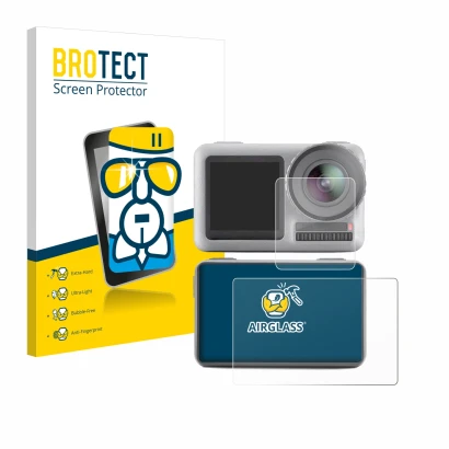 Parte frontale di una confezione del prodotto con il logo del marchio BROTECT. Accanto è raffigurato il dispositivo DJI Osmo A