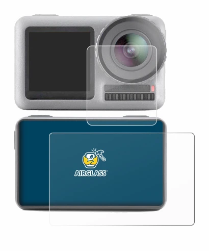 Immagine del dispositivo DJI Osmo Action con un'ampia varietà di protezioni per lo schermo.