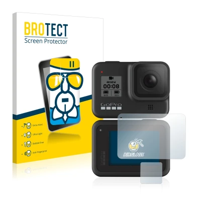 Parte frontale di una confezione del prodotto con il logo del marchio BROTECT. Accanto è raffigurato il dispositivo GoPro Hero