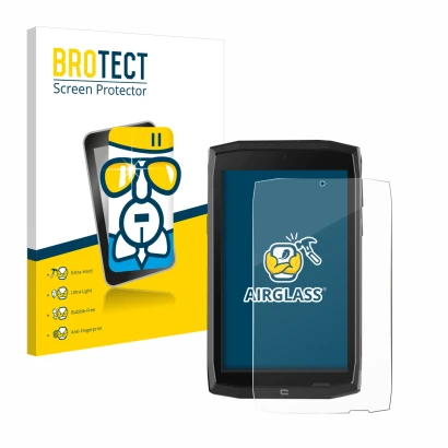 Parte frontale di una confezione del prodotto con il logo del marchio BROTECT. Accanto è raffigurato il dispositivo Crosscall 
