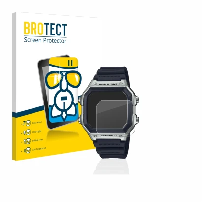 Parte frontale di una confezione del prodotto con il logo del marchio BROTECT. Accanto è raffigurato il dispositivo Casio AE-1
