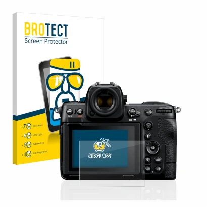 Parte frontale di una confezione del prodotto con il logo del marchio BROTECT. Accanto è raffigurato il dispositivo Nikon Z 8 