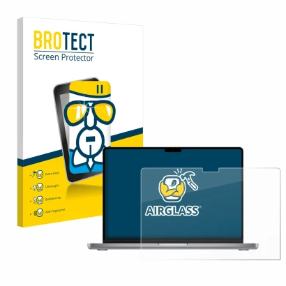 Parte frontale di una confezione del prodotto con il logo del marchio BROTECT. Accanto è raffigurato il dispositivo Apple MacB