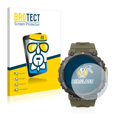 Parte frontale di una confezione del prodotto con il logo del marchio BROTECT. Accanto è raffigurato il dispositivo Huami Amaz