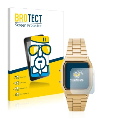 Parte frontale di una confezione del prodotto con il logo del marchio BROTECT. Accanto è raffigurato il dispositivo Casio AQ-2